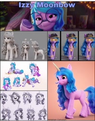 Size: 720x912 | Tagged: safe, artist:imalou, artist:jonatancatalan, edit, edited screencap, imported from derpibooru, screencap, izzy moonbow, unicorn, spoiler:my little pony: a new generation, ball, collage, concept art, cropped, female, g5, glasses, gold chains, hat, horn, hornball, izzy's tennis ball, mare, my little pony: a new generation, tennis ball, unshorn fetlocks