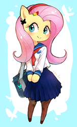 Size: 798x1316 | Tagged: safe, artist:fuyugi, imported from derpibooru, fluttershy, semi-anthro, bag, blouse, blushing, clothes, cute, female, hair accessory, hairpin, looking at you, looking sideways, moe, sailor uniform, satchel, school uniform, shyabetes, skirt, smiling, socks, solo, standing, stockings, thigh highs, turned head, uniform