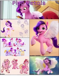 Size: 720x920 | Tagged: safe, artist:celia kaspar, artist:debbie yeo, artist:imalou, artist:jonatancatalan, edit, edited screencap, imported from derpibooru, screencap, pipp petals, zipp storm, pegasus, pony, spoiler:my little pony: a new generation, background pony, collage, concept art, cropped, crown, feathered fetlocks, female, g5, hat, hug, jewelry, mare, microphone, my little pony: a new generation, phone, regalia, siblings, sisters