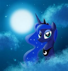 Size: 2466x2555 | Tagged: safe, artist:brogararts, imported from derpibooru, princess luna, alicorn, pony, cloud, crown, full moon, high res, jewelry, looking at you, moon, regalia, sky, solo