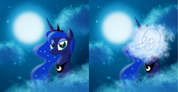 Size: 4932x2555 | Tagged: safe, artist:brogararts, edit, imported from derpibooru, princess luna, alicorn, pony, cloud, crown, full moon, jewelry, looking at you, moon, mr bean, regalia, sky