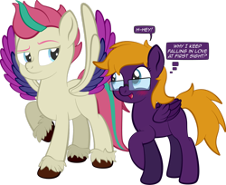 Size: 1920x1566 | Tagged: safe, artist:alexdti, imported from derpibooru, zipp storm, oc, oc:purple creativity, pegasus, pony, blue eyes, blushing, colored hooves, colored wings, duo, duo female, eyebrows, female, folded wings, g5, glasses, looking at each other, mare, multicolored wings, my little pony: a new generation, open mouth, open smile, pegasus oc, raised hoof, simple background, smiling, speech bubble, spread wings, standing, tail, thought bubble, transparent background, two toned mane, two toned tail, unshorn fetlocks, wings