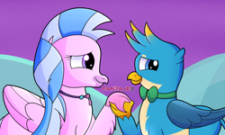 Size: 2500x1500 | Tagged: safe, artist:fantaje3, imported from derpibooru, gallus, silverstream, griffon, hippogriff, she's all yak, couple, cute, diastreamies, duo, female, gallabetes, gallstream, holding hands, jewelry, male, necklace, reference, shipping, smiling, straight