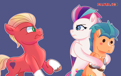 Size: 1742x1100 | Tagged: safe, artist:fantaje3, imported from derpibooru, hitch trailblazer, sprout cloverleaf, zipp storm, earth pony, pegasus, pony, beady eyes, blushing, female, g5, hitchzipp, male, mare, mine!, my little pony: a new generation, possessive, shipping, simple background, stallion, straight, trio