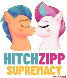 Size: 1239x1447 | Tagged: safe, artist:fantaje3, imported from derpibooru, hitch trailblazer, zipp storm, earth pony, pegasus, pony, blushing, couple, duo, female, g5, hitchzipp, kiss on the lips, kissing, male, mare, my little pony: a new generation, shipping, simple background, stallion, straight, text