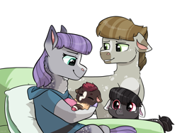 Size: 2732x2048 | Tagged: safe, artist:moccabliss, imported from derpibooru, maud pie, mudbriar, oc, oc:obsidian echo, oc:wren wood, earth pony, pony, baby, baby pony, female, high res, male, maudbriar, offspring, parent:maud pie, parent:mud briar, parents:maudbriar, shipping, simple background, smiling, straight, when she smiles, white background