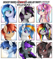 Size: 1200x1327 | Tagged: safe, artist:puggie, imported from derpibooru, oc, oc only, oc:bijou butterfly, oc:flair, oc:gulfstream, oc:jewel blue, oc:lighting, oc:skynight sleuth, oc:soaring spirit, bat pony, dracony, dragon, earth pony, hybrid, original species, pony, shark, shark pony, art meme, bat pony oc, glasses, jewelry, multicolored hair, piercing, rainbow hair, sharp teeth, teeth, tongue out