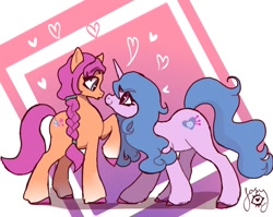 Size: 855x680 | Tagged: safe, artist:josynava, imported from derpibooru, izzy moonbow, sunny starscout, earth pony, pony, unicorn, cute, female, g5, heart, izzybetes, izzyscout, lesbian, looking at each other, my little pony: a new generation, scene interpretation, shipping, sunnybetes