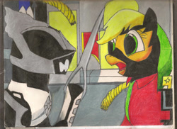 Size: 2338x1700 | Tagged: safe, artist:darkalicornwarrior, imported from derpibooru, applejack, mistress marevelous, earth pony, power ponies (episode), denji sentai megaranger, power ponies, power rangers, power rangers in space, psycho rangers, traditional art