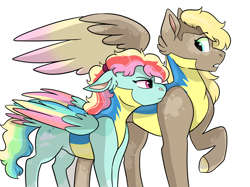 Size: 2732x2048 | Tagged: safe, artist:moccabliss, imported from derpibooru, oc, oc:cloud spirit, oc:sona shy, pegasus, pony, clothes, colored wings, female, high res, male, mare, multicolored wings, offspring, parent:bulk biceps, parent:fluttershy, parent:rainbow dash, parent:zephyr breeze, parents:flutterbulk, parents:zephdash, simple background, sperm donation, stallion, uniform, white background, wings, wonderbolt trainee uniform
