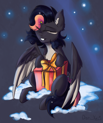 Size: 1499x1772 | Tagged: safe, artist:yuris, imported from derpibooru, oc, oc only, pegasus, pony, abstract background, christmas, family, holiday, pegasus oc, present, snow, solo, two toned mane