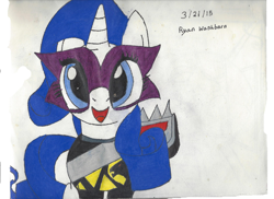 Size: 2338x1700 | Tagged: safe, artist:darkalicornwarrior, imported from derpibooru, rarity, pony, unicorn, mask, power rangers, power rangers dino charge, simple background, solo, traditional art, zyuden sentai kyoryuger