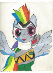 Size: 1700x2338 | Tagged: safe, artist:darkalicornwarrior, imported from derpibooru, rainbow dash, pegasus, pony, green ranger, power rangers, power rangers dino charge, simple background, solo, traditional art, zyuden sentai kyoryuger