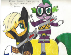 Size: 1101x851 | Tagged: safe, artist:darkalicornwarrior, imported from derpibooru, applejack, spike, earth pony, pony, mask, power rangers, power rangers dino charge, simple background, traditional art, zyuden sentai kyoryuger