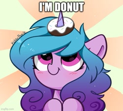 Size: 551x499 | Tagged: safe, artist:kittyrosie, edit, imported from derpibooru, izzy moonbow, pony, unicorn, caption, cute, donut, food, g5, horn, horn impalement, i'm pancake, image macro, izzybetes, my little pony: a new generation, solo, text, the uses of unicorn horns