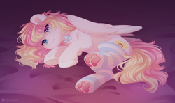 Size: 2580x1529 | Tagged: safe, artist:floweryoutoday, imported from derpibooru, oc, oc:ninny, pegasus, bed, bedroom eyes, blushing, bow, clothes, heterochromia, looking at you, lying down, lying on bed, on bed, paw pads, paw socks, socks, striped socks