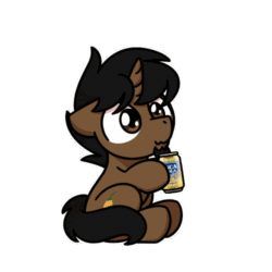 Size: 500x500 | Tagged: safe, artist:sugar morning, imported from derpibooru, oc, oc only, oc:limón picante, pony, unicorn, :3, animated, commission, cute, drinking, gif, happy, inca cola, male, ocbetes, outline, simple background, smiling, solo, stallion, sugar morning's snacc and drincc, transparent background, white outline, ych result