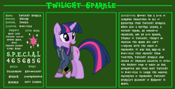 Size: 11720x6000 | Tagged: safe, artist:dashiesparkle, artist:ponygamer2020, imported from derpibooru, twilight sparkle, pony, unicorn, fallout equestria, bio, clothes, cutie mark, fallout, fallout equestria: character guide, female, jumpsuit, open mouth, pipboy, raised hoof, reference sheet, s.p.e.c.i.a.l., solo, unicorn twilight, vault suit, vector