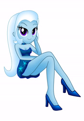 Size: 4806x6848 | Tagged: safe, artist:lobo299, imported from derpibooru, trixie, equestria girls, absurd resolution, ass, breasts, butt, clothes, crossed legs, dress, female, high heels, legs, looking at you, sexy, shoes, simple background, smiling, smiling at you, solo, white background