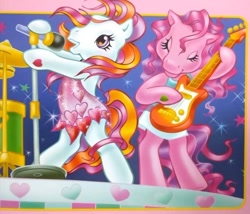 Size: 582x499 | Tagged: safe, artist:lyn fletcher, imported from derpibooru, skywishes, sunny daze (g3), earth pony, pony, bipedal, clothes, curly hair, dress, drums, eyes closed, g3, guitar, heart, hoof heart, microphone, musical instrument, official, pony pop stars, singing, sparkles, stage, standing