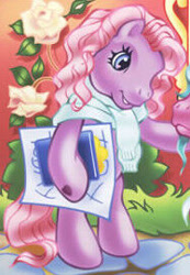 Size: 187x270 | Tagged: safe, artist:lyn fletcher, imported from derpibooru, sweetsong, toola roola, earth pony, pony, bipedal, book, caress, clipboard, clothes, curly hair, flower, g3, official, offscreen character, pink hair, pink mane, pony pop stars, purple coat, solo, standing, standing on two hooves, sweater, vine