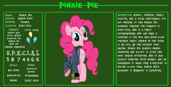 Size: 11720x6000 | Tagged: safe, artist:ponygamer2020, imported from derpibooru, pinkie pie, earth pony, pony, fallout equestria, bio, clothes, cutie mark, fallout, fallout equestria: character guide, female, jumpsuit, looking at you, open mouth, pipboy, reference sheet, s.p.e.c.i.a.l., solo, vault suit, vector