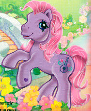 Size: 188x230 | Tagged: safe, imported from derpibooru, sweetsong, earth pony, pony, backcard, bridge, cropped, flower, g3, mandolin, musical instrument, official, pink hair, pink mane, purple coat, scan, solo