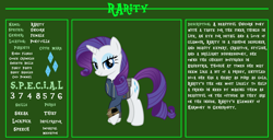 Size: 11720x6000 | Tagged: safe, artist:andoanimalia, artist:ponygamer2020, imported from derpibooru, rarity, pony, unicorn, fallout equestria, beautiful, bio, clothes, cutie mark, eyeshadow, fallout, fallout equestria: character guide, female, jumpsuit, looking at you, makeup, mare, pipboy, reference sheet, s.p.e.c.i.a.l., solo, vault suit, vector