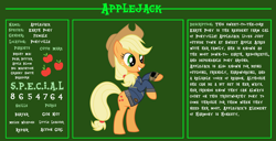 Size: 11720x6000 | Tagged: safe, artist:ponygamer2020, imported from derpibooru, applejack, earth pony, pony, fallout equestria, applejack's hat, bio, bipedal, clothes, cowboy hat, cutie mark, fallout, fallout equestria: character guide, female, hat, jumpsuit, mare, pipboy, reference sheet, s.p.e.c.i.a.l., smiling, solo, teeth, vault suit, vector