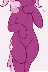 Size: 627x939 | Tagged: safe, artist:skoon, edit, imported from derpibooru, cheerilee, earth pony, semi-anthro, belly, blushing, covering mouth, cropped, cutie mark, pictures of bellies, pigtails, simple background, solo, tail, white background