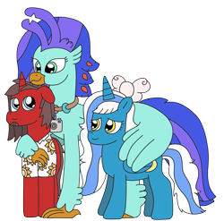 Size: 2363x2336 | Tagged: safe, artist:supahdonarudo, derpibooru exclusive, imported from derpibooru, oc, oc only, oc:fleurbelle, oc:ironyoshi, oc:sea lilly, alicorn, classical hippogriff, hippogriff, unicorn, derpibooru community collaboration, 2022 community collab, bow, camera, clothes, high res, hoof on shoulder, hug, jewelry, looking up, necklace, shirt, simple background, transparent background, winghug, wings