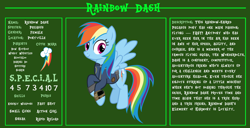 Size: 11720x6000 | Tagged: safe, artist:andoanimalia, artist:ponygamer2020, imported from derpibooru, rainbow dash, pegasus, pony, fallout equestria, bio, clothes, fallout, fallout equestria: character guide, female, flying, jumpsuit, mare, pipboy, reference sheet, s.p.e.c.i.a.l., solo, vault suit, vector