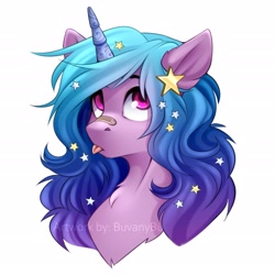 Size: 2717x2717 | Tagged: safe, artist:buvanybu, imported from derpibooru, izzy moonbow, pony, unicorn, :p, bandaid, bandaid on nose, bust, chest fluff, cute, ear fluff, female, g5, hair accessory, high res, izzybetes, mare, my little pony: a new generation, portrait, solo, stars, tongue out