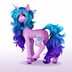 Size: 4096x4096 | Tagged: safe, artist:buvanybu, imported from derpibooru, izzy moonbow, pony, unicorn, bracelet, butt, chest fluff, cute, feather, feather in hair, female, g5, izzy moonbutt, izzybetes, jewelry, leg fluff, looking at you, looking back, looking back at you, mare, messy mane, messy tail, my little pony: a new generation, obtrusive watermark, plot, raised leg, simple background, smiling, solo, tail, unshorn fetlocks, watermark, white background