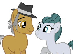 Size: 1008x752 | Tagged: safe, artist:santi0095, imported from derpibooru, cloudy quartz, igneous rock pie, earth pony, pony, brown eyes, eye contact, female, hat, looking at each other, male, mare, quartzrock, shipping, show accurate, simple background, smiling, stallion, straight, tail, transparent background, two toned mane, two toned tail, when she smiles