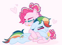 Size: 600x435 | Tagged: safe, artist:bittersweethare, imported from derpibooru, pinkie pie, rainbow dash, earth pony, pegasus, pony, alternate hairstyle, base used, eyes closed, female, heart, hug, lesbian, pink background, pinkiedash, shipping, simple background