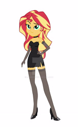 Size: 1920x3162 | Tagged: safe, artist:lobo299, imported from derpibooru, sunset shimmer, equestria girls, bare shoulders, boots, clothes, female, gloves, hand on hip, high heels, long gloves, motorcross, obtrusive watermark, shoes, simple background, sleeveless, socks, solo, stockings, strapless, thigh highs, vector, watermark, white background