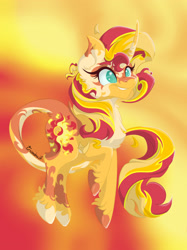 Size: 2480x3307 | Tagged: safe, artist:exendra07, imported from derpibooru, sunset shimmer, classical unicorn, pony, unicorn, equestria girls, abstract background, alternate design, cloven hooves, coat markings, female, high res, leonine tail, mare, smiling, solo, unshorn fetlocks