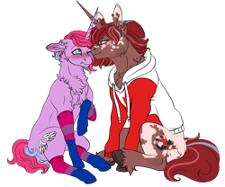 Size: 2591x2152 | Tagged: safe, artist:malinraf1615, imported from derpibooru, oc, oc only, oc:barnburner, oc:lilac, pony, unicorn, bedroom eyes, bisexual pride flag, blushing, canada, canadian, canadian flag, chest fluff, clothes, duo, ear piercing, earring, female, flustered, high res, hoodie, jewelry, lesbian, lip piercing, looking at each other, mare, markings, multicolored hair, nuzzling, oc x oc, one eye closed, piercing, pride, pride flag, raised hoof, shipping, simple background, socks, striped socks, transparent background, unshorn fetlocks