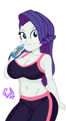 Size: 1080x1969 | Tagged: safe, artist:flutteryaylove, imported from derpibooru, rarity, equestria girls, big breasts, breasts, busty rarity, cleavage, clothes, female, leggings, looking at you, simple background, solo, sports, sports bra, thighs, water bottle, white background