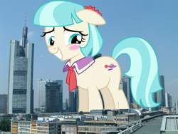 Size: 2048x1536 | Tagged: safe, artist:dashiesparkle, artist:thegiantponyfan, imported from derpibooru, coco pommel, earth pony, pony, blushing, cocobetes, cute, female, frankfurt, germany, giant pony, giant/macro earth pony, giant/mega coco pommel, giantess, highrise ponies, irl, macro, mare, mega giant, photo, ponies in real life