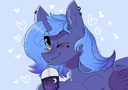 Size: 1280x905 | Tagged: safe, artist:valkiria, derpibooru exclusive, imported from derpibooru, princess luna, alicorn, pony, cute, drink, drinking straw, lunabetes, one eye closed, piercing, s1 luna, solo