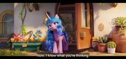 Size: 1594x744 | Tagged: safe, edit, edited screencap, imported from derpibooru, screencap, izzy moonbow, pony, unicorn, spoiler:my little pony: a new generation, bell, door, english, english subtitles, g5, my little pony: a new generation, open door, outdoors, pinwheel (toy), plants, potted plant, smiling, solo, subtitles