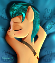 Size: 1773x2030 | Tagged: safe, artist:darksly, imported from derpibooru, part of a set, hitch trailblazer, earth pony, pony, spoiler:my little pony: a new generation, belt, blushing, body pillow, commission, cute, eyes closed, g5, hitchbetes, male, markings, my little pony: a new generation, preview, solo, stallion