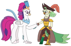 Size: 3370x2190 | Tagged: safe, artist:supahdonarudo, imported from derpibooru, captain celaeno, queen novo, avian, classical hippogriff, hippogriff, parrot pirates, series:novoember, my little pony: the movie, crystal pegleg, handshake, hat, high res, pirate, pirate hat, redraw, simple background, transparent background