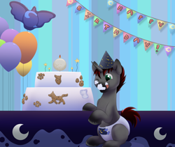 Size: 1574x1326 | Tagged: safe, artist:binkyroom, imported from derpibooru, oc, oc only, pony, unicorn, babyfur, balloon, birthday, cake, cookie, cute, diaper, foal, food, happy, licking, raffle prize, solo, tongue out