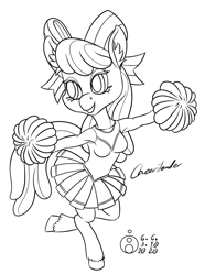 Size: 893x1200 | Tagged: safe, alternate version, artist:sepiakeys, imported from derpibooru, cheerilee, anthro, unguligrade anthro, armpits, cheerileeder, cheerleader, chibi, monochrome, simple background, solo, white background