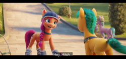 Size: 1600x756 | Tagged: safe, edit, edited screencap, imported from derpibooru, screencap, hitch trailblazer, sunny starscout, earth pony, pony, spoiler:my little pony: a new generation, braid, butt, english, english subtitles, female, g5, hedge, helmet, hitchbutt, male, mare, my little pony: a new generation, plot, roller skates, rollerblades, stallion, street, subtitles