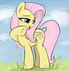 Size: 1554x1584 | Tagged: safe, artist:whiskeypanda, imported from derpibooru, fluttershy, pegasus, pony, cute, daaaaaaaaaaaw, female, folded wings, grass, looking away, mare, open mouth, outdoors, raised hoof, shyabetes, smiling, smug, solo, standing, turned head, wings