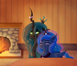 Size: 1250x1077 | Tagged: safe, artist:moonlightrift, imported from derpibooru, princess luna, queen chrysalis, alicorn, changeling, changeling queen, blushing, chrysaluna, colored, crown, cuddling, female, fire, fireplace, jewelry, lesbian, love, regalia, shipping, snuggling